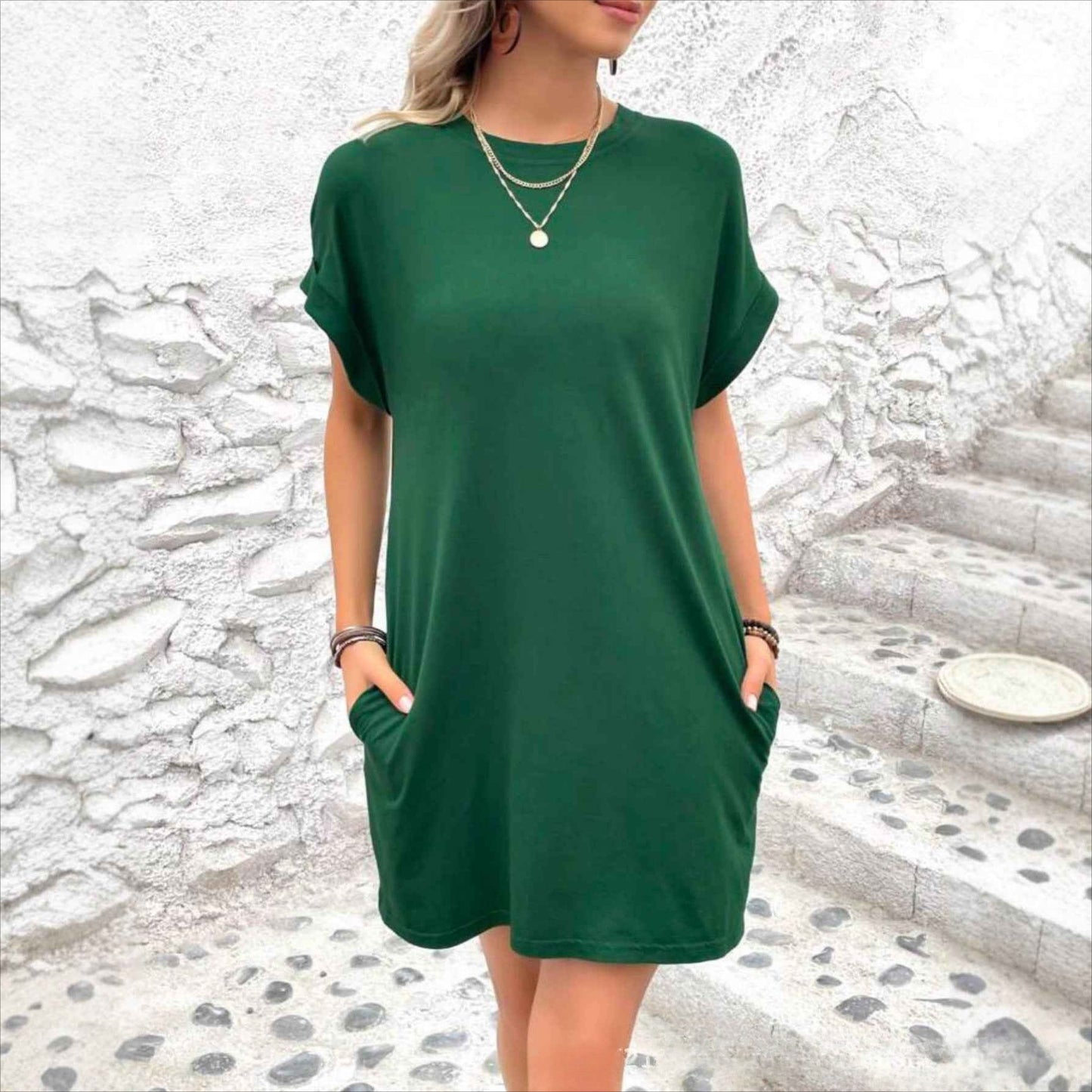 Vestido informal holgado de talla grande a la moda con mangas de murciélago lisas 