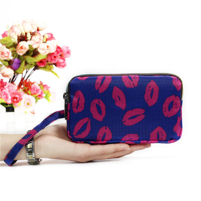 Cartera de tela con estampado floral para mujer - Cartera de mano con doble cremallera y correa para la muñeca