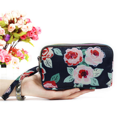 Cartera de tela con estampado floral para mujer - Cartera de mano con doble cremallera y correa para la muñeca