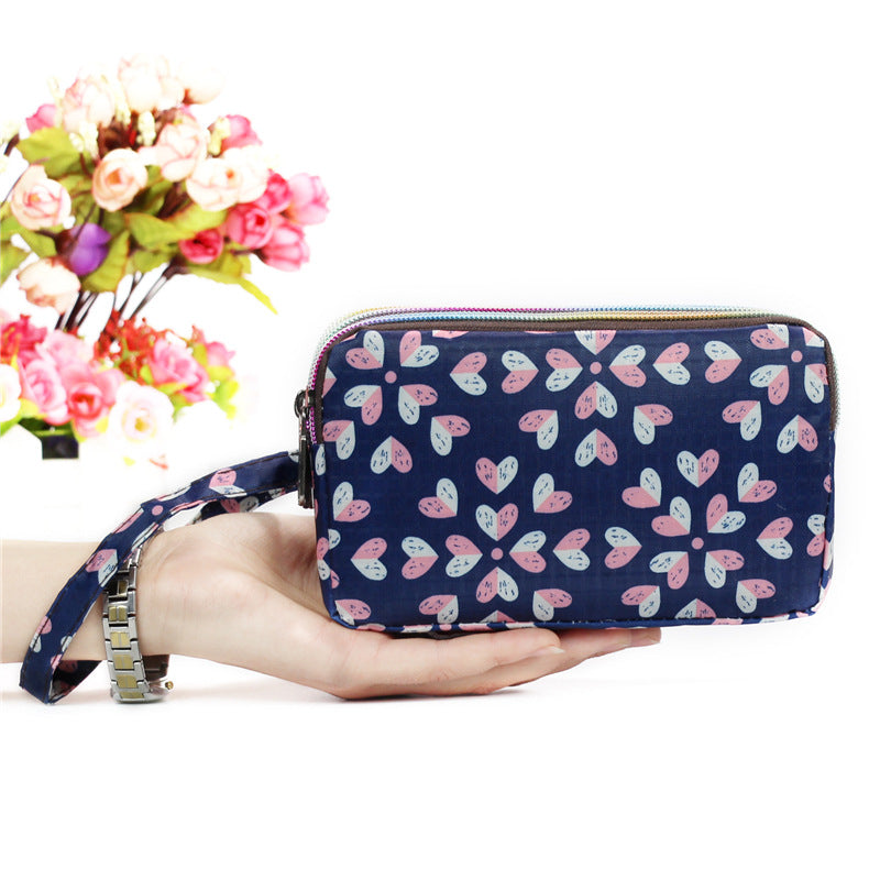Cartera de tela con estampado floral para mujer - Cartera de mano con doble cremallera y correa para la muñeca
