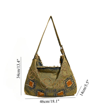 Large capacity hobo shoulder tote bag, retro denim bag, stylish crossbody bag, rivet design shoulder bag