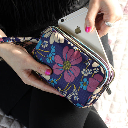 Floral Printed Fabric Wristlet Wallet for Women - Double Zipper Clutch with Wrist Strap -dropshippingabc.com
