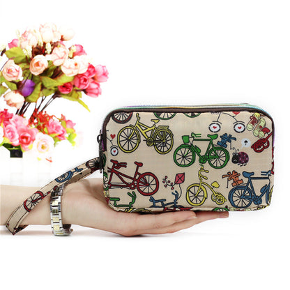 Cartera de tela con estampado floral para mujer - Cartera de mano con doble cremallera y correa para la muñeca