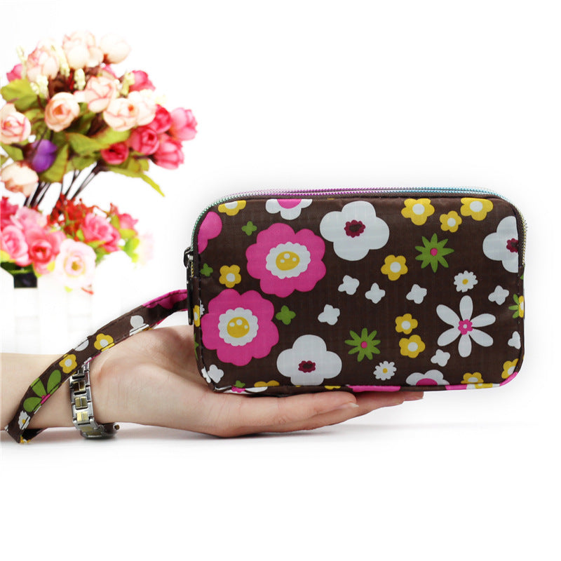 Cartera de tela con estampado floral para mujer - Cartera de mano con doble cremallera y correa para la muñeca
