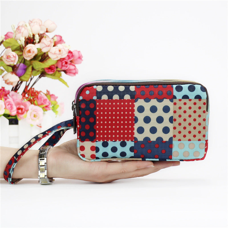Cartera de tela con estampado floral para mujer - Cartera de mano con doble cremallera y correa para la muñeca