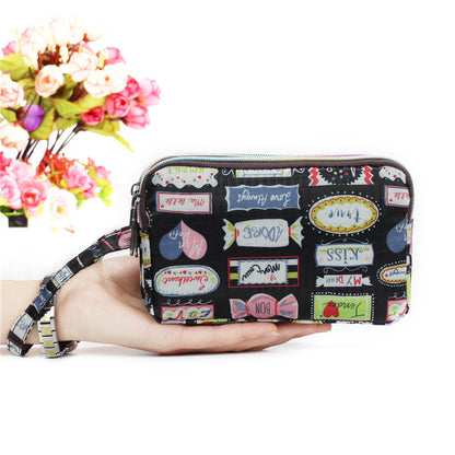 Cartera de tela con estampado floral para mujer - Cartera de mano con doble cremallera y correa para la muñeca