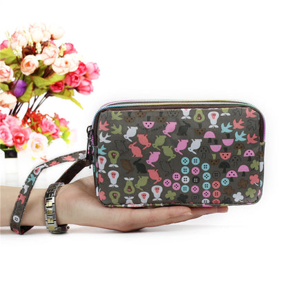 Cartera de tela con estampado floral para mujer - Cartera de mano con doble cremallera y correa para la muñeca