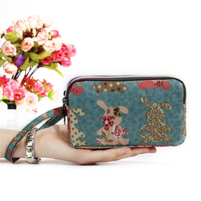 Floral Printed Fabric Wristlet Wallet for Women - Double Zipper Clutch with Wrist Strap -dropshippingabc.com