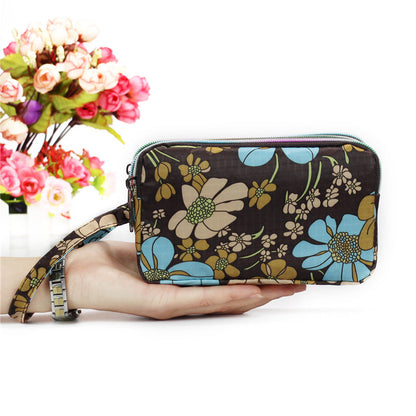 Cartera de tela con estampado floral para mujer - Cartera de mano con doble cremallera y correa para la muñeca