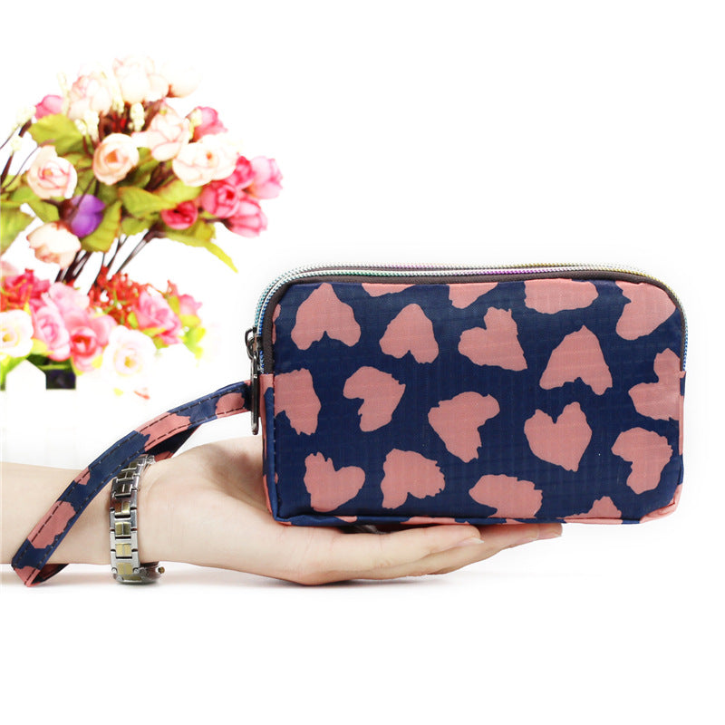 Cartera de tela con estampado floral para mujer - Cartera de mano con doble cremallera y correa para la muñeca