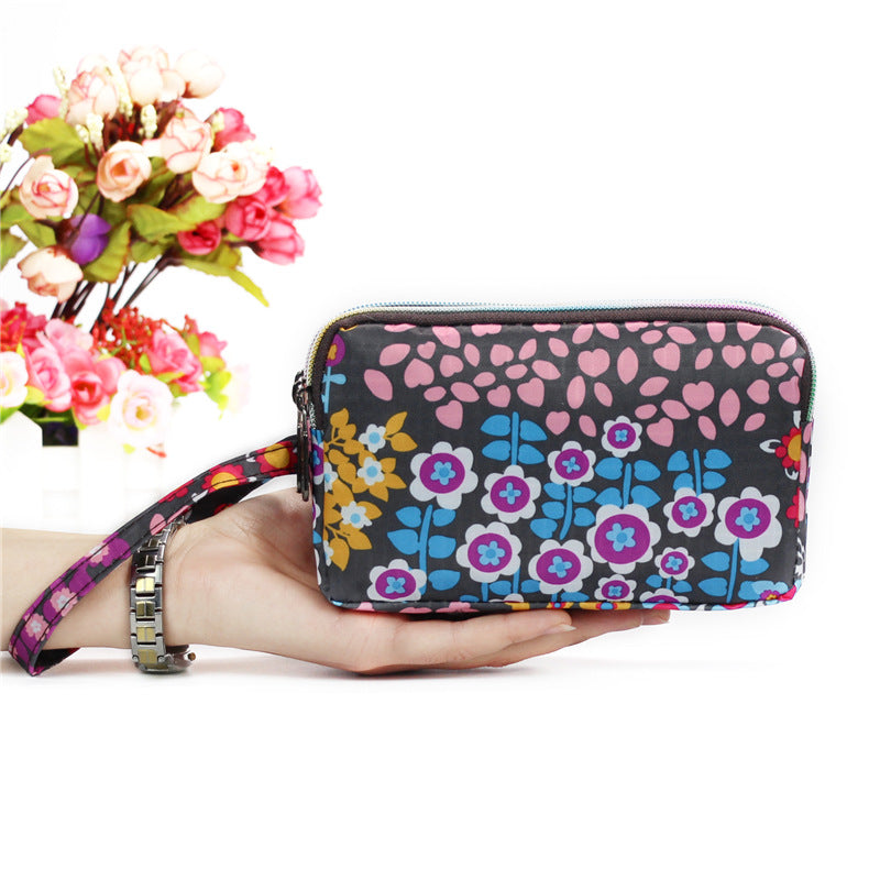 Cartera de tela con estampado floral para mujer - Cartera de mano con doble cremallera y correa para la muñeca