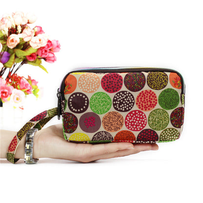 Cartera de tela con estampado floral para mujer - Cartera de mano con doble cremallera y correa para la muñeca