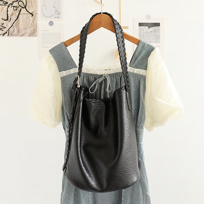 Bolso tipo cubo elegante con correa de hombro tejida para mujer - Textura versátil, suave PU, estilo retro informal 