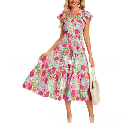 Women's Short Sleeve Fringe Bohemian Vacation Beach Dress