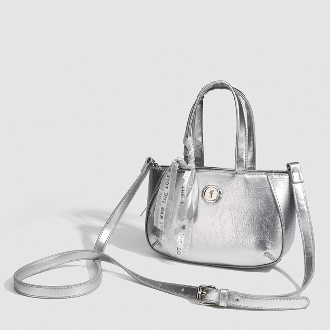 Metallic small tote bag, small handbag ladies, fashionable silver square bag, versatile shoulder Crossbody bag