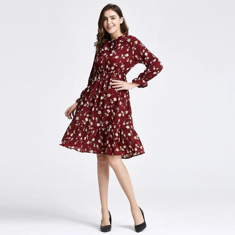 Long Sleeve Floral Print Chiffon Dress - Medium Lace Up Slim Fit Women's Dress -dropshippingabc.com
