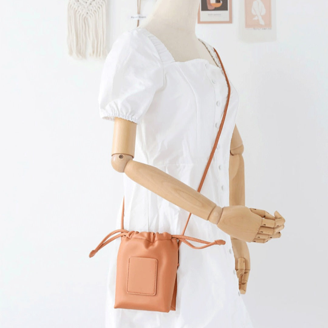 Soft PU Cute Mini Mobile Phone Bag - Fashionable Pleated Shoulder Women's Bag, Simple Drawstring Crossbody Small Square Bag