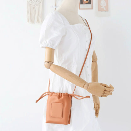 Soft PU Cute Mini Mobile Phone Bag - Fashionable Pleated Shoulder Women's Bag, Simple Drawstring Crossbody Small Square Bag