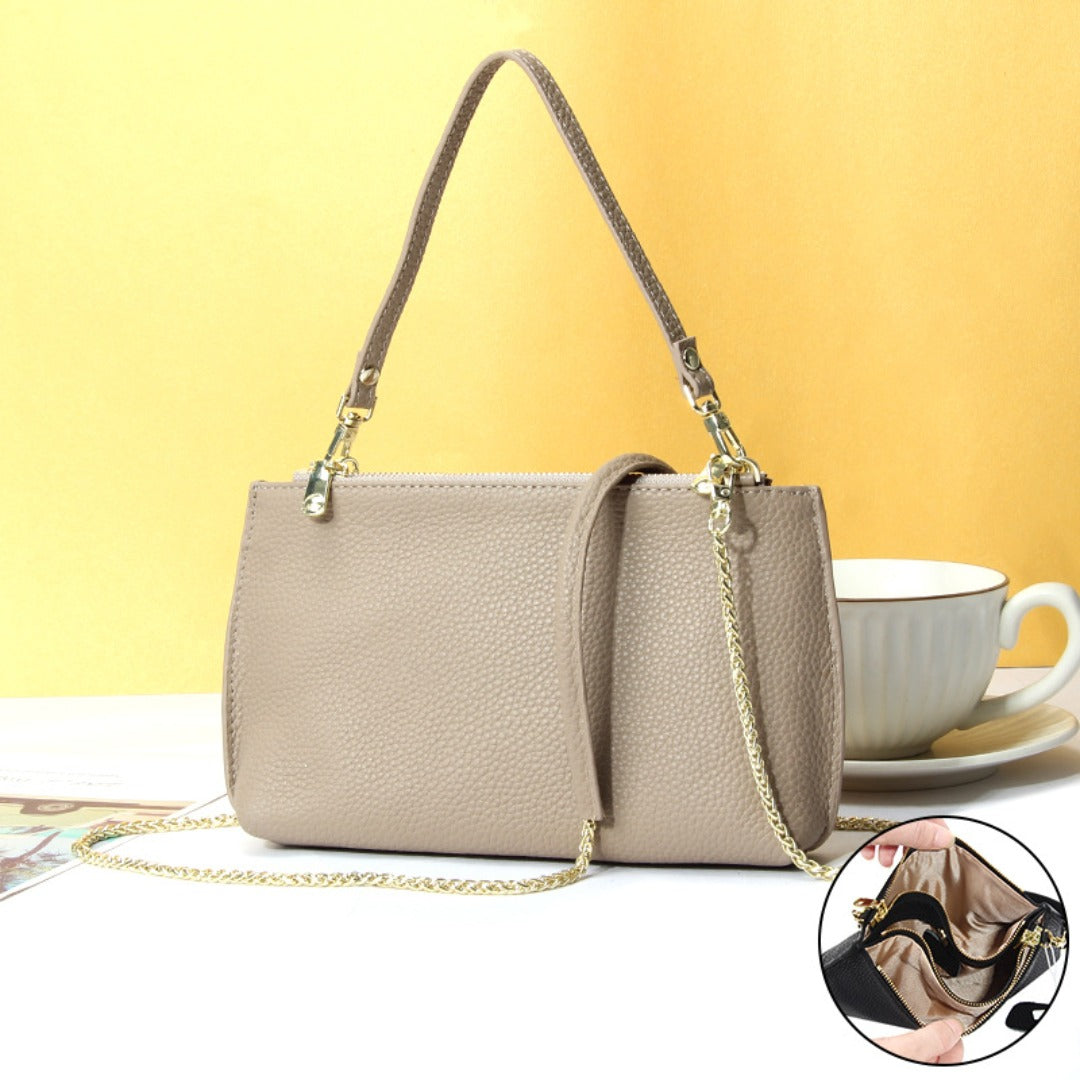 Bolso bandolera sencillo de piel auténtica para mujer, bolso elegante de gran capacidad, bolso tote con doble cremallera, bolso de cadena de piel 