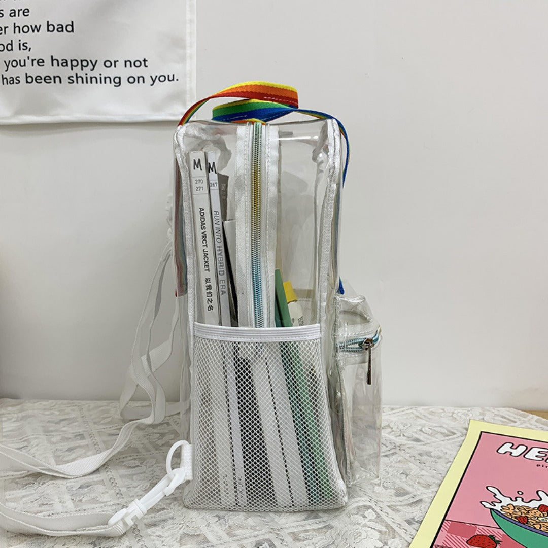 Mochila impermeable de PVC con diseño transparente, duradera y elegante, perfecta para viajes, escuela y uso diario. 