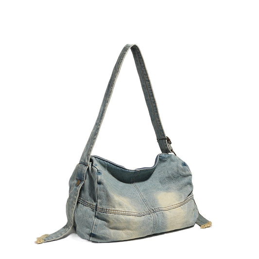 Bolso hobo de mezclilla desgastada, bolso hobo de hombro de gran capacidad, bolso de hombro retro de mezclilla, estilo dulce y moderno 