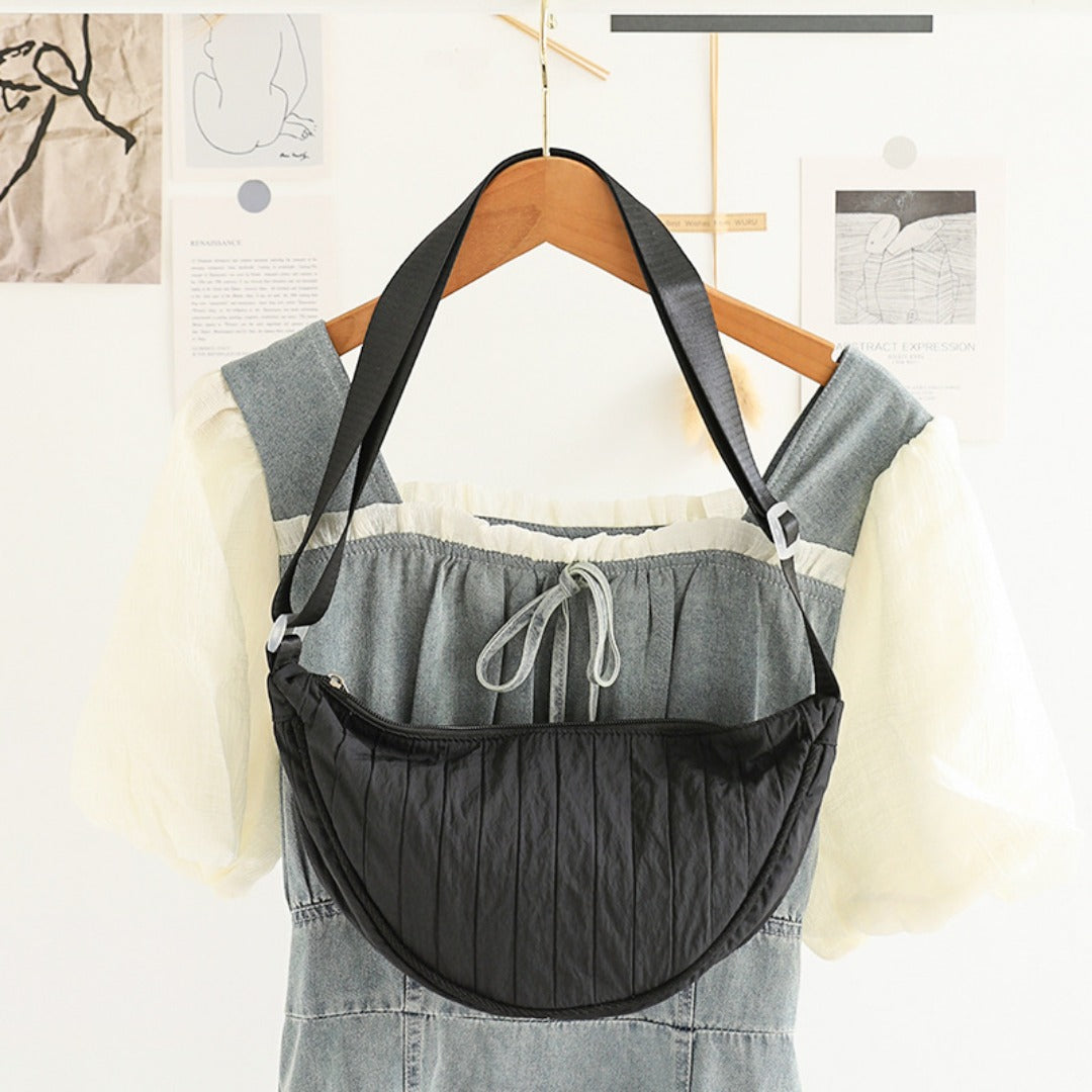 Casual Nylon Cloth Hobo Bag – Simple Pleated Striped Shoulder Bag, Lightweight Shopping Crossbody Small Square Bag