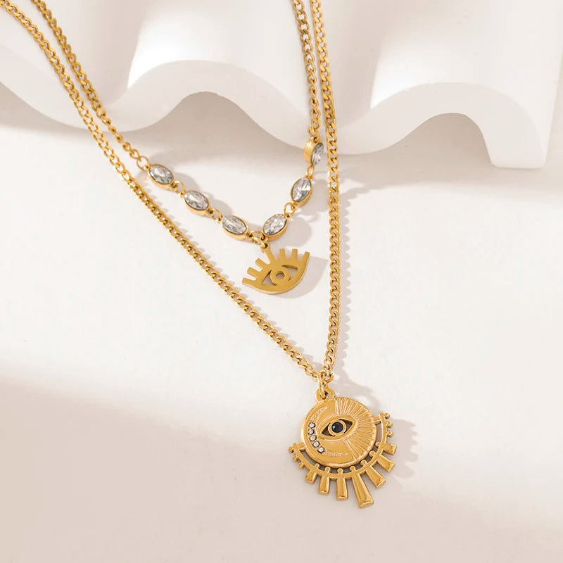 316L Stainless Steel Multi-Layer Vintage Eye Pendant Necklace For Women Girl New Trend Waterproof Chain Jewelry Gift