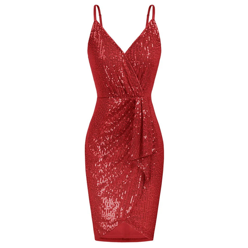 Vestido de fiesta de lentejuelas para mujer, sin mangas, corte ajustado, fruncido, bajo cruzado, escote en V por encima de la rodilla, tirantes finos, vestido cruzado en las caderas