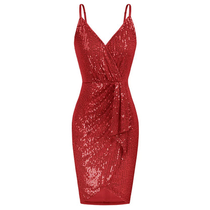 Vestido de fiesta de lentejuelas para mujer, sin mangas, corte ajustado, fruncido, bajo cruzado, escote en V por encima de la rodilla, tirantes finos, vestido cruzado en las caderas