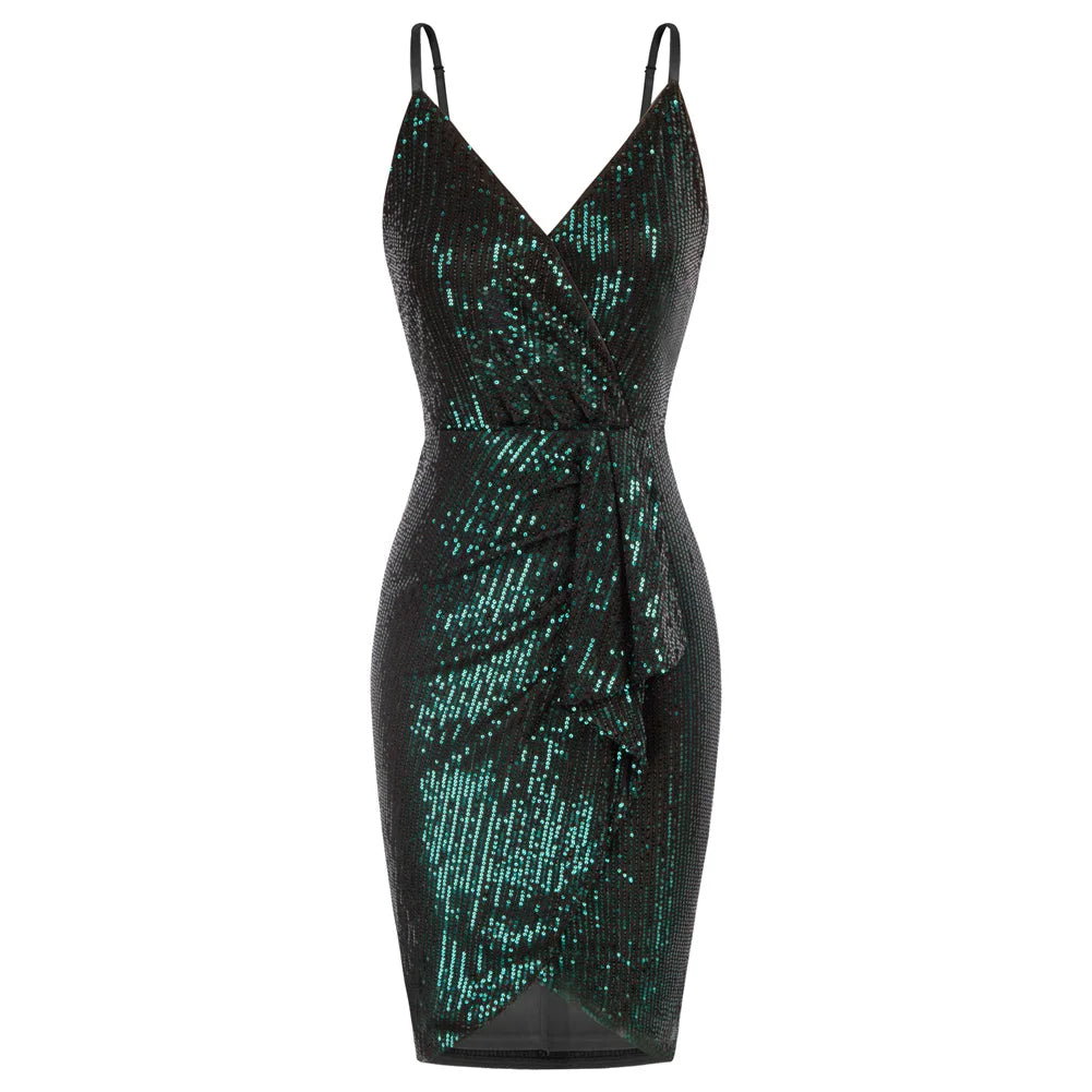 Vestido de fiesta de lentejuelas para mujer, sin mangas, corte ajustado, fruncido, bajo cruzado, escote en V por encima de la rodilla, tirantes finos, vestido cruzado en las caderas