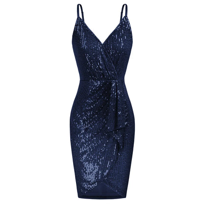 Vestido de fiesta de lentejuelas para mujer, sin mangas, corte ajustado, fruncido, bajo cruzado, escote en V por encima de la rodilla, tirantes finos, vestido cruzado en las caderas