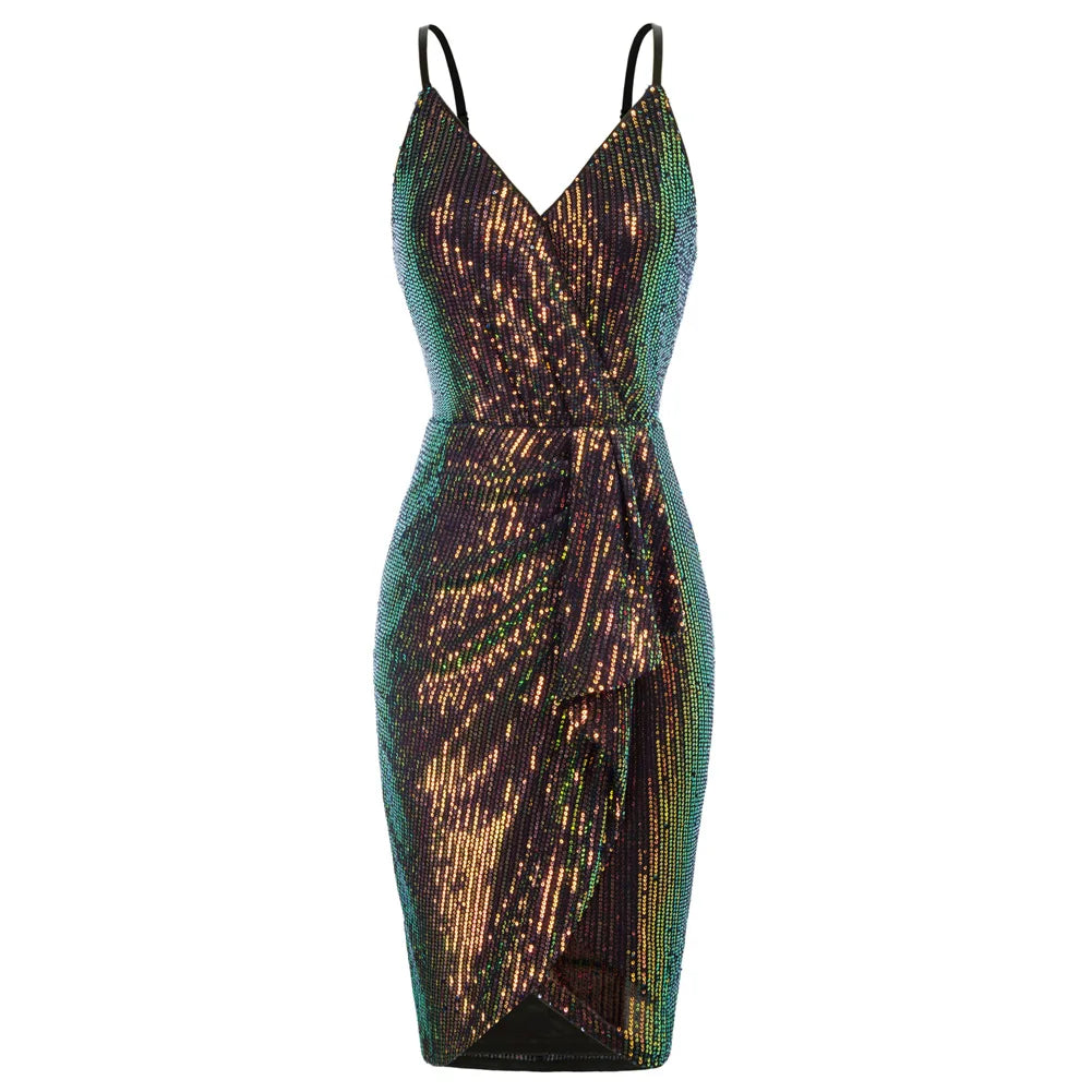 Vestido de fiesta de lentejuelas para mujer, sin mangas, corte ajustado, fruncido, bajo cruzado, escote en V por encima de la rodilla, tirantes finos, vestido cruzado en las caderas