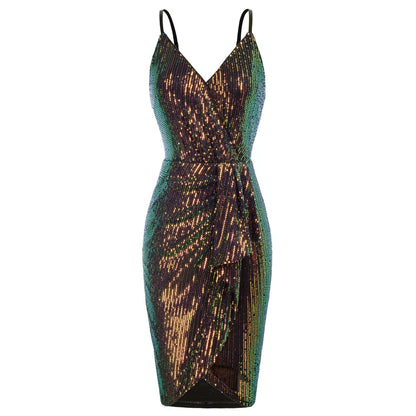 Vestido de fiesta de lentejuelas para mujer, sin mangas, corte ajustado, fruncido, bajo cruzado, escote en V por encima de la rodilla, tirantes finos, vestido cruzado en las caderas