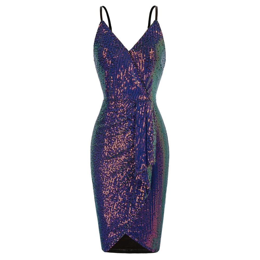 Vestido de fiesta de lentejuelas para mujer, sin mangas, corte ajustado, fruncido, bajo cruzado, escote en V por encima de la rodilla, tirantes finos, vestido cruzado en las caderas