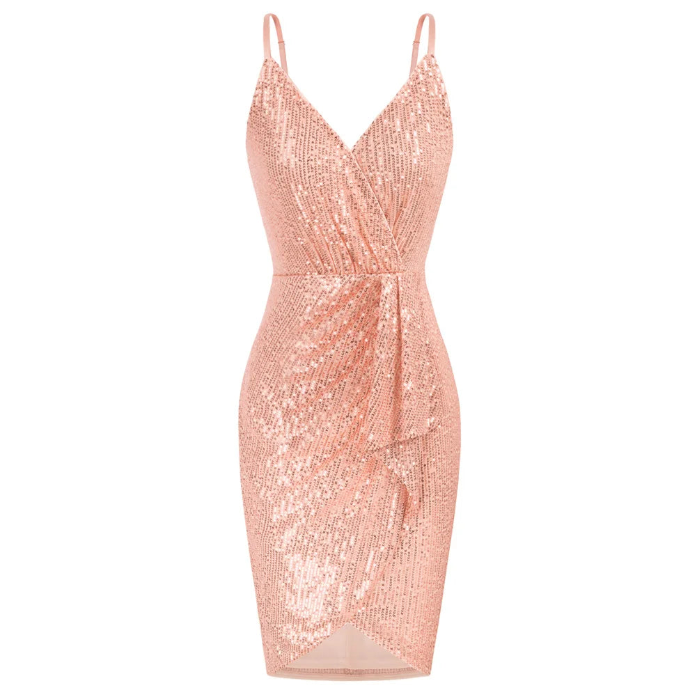 Vestido de fiesta de lentejuelas para mujer, sin mangas, corte ajustado, fruncido, bajo cruzado, escote en V por encima de la rodilla, tirantes finos, vestido cruzado en las caderas