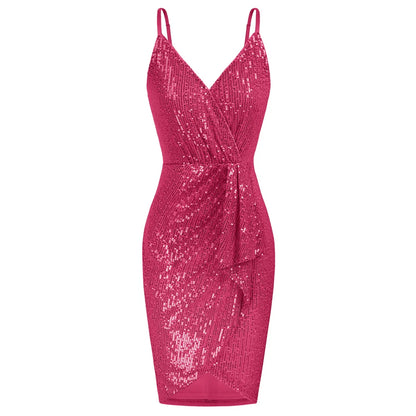 Vestido de fiesta de lentejuelas para mujer, sin mangas, corte ajustado, fruncido, bajo cruzado, escote en V por encima de la rodilla, tirantes finos, vestido cruzado en las caderas