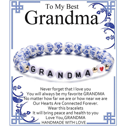 Blue and White Porcelain MAMA Beaded Bracelet