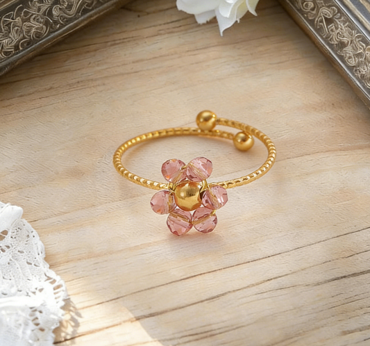 Stainless Steel Colorful Beaded Flower Ring