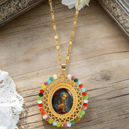 Stainless Steel Virgin Mary Crystal Pendant Necklace