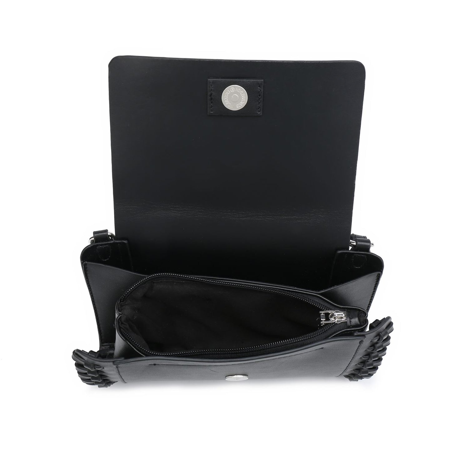 Bolso bandolera pequeño plateado, bolso cuadrado compacto color canela y negro con detalle de tejido artesanal.