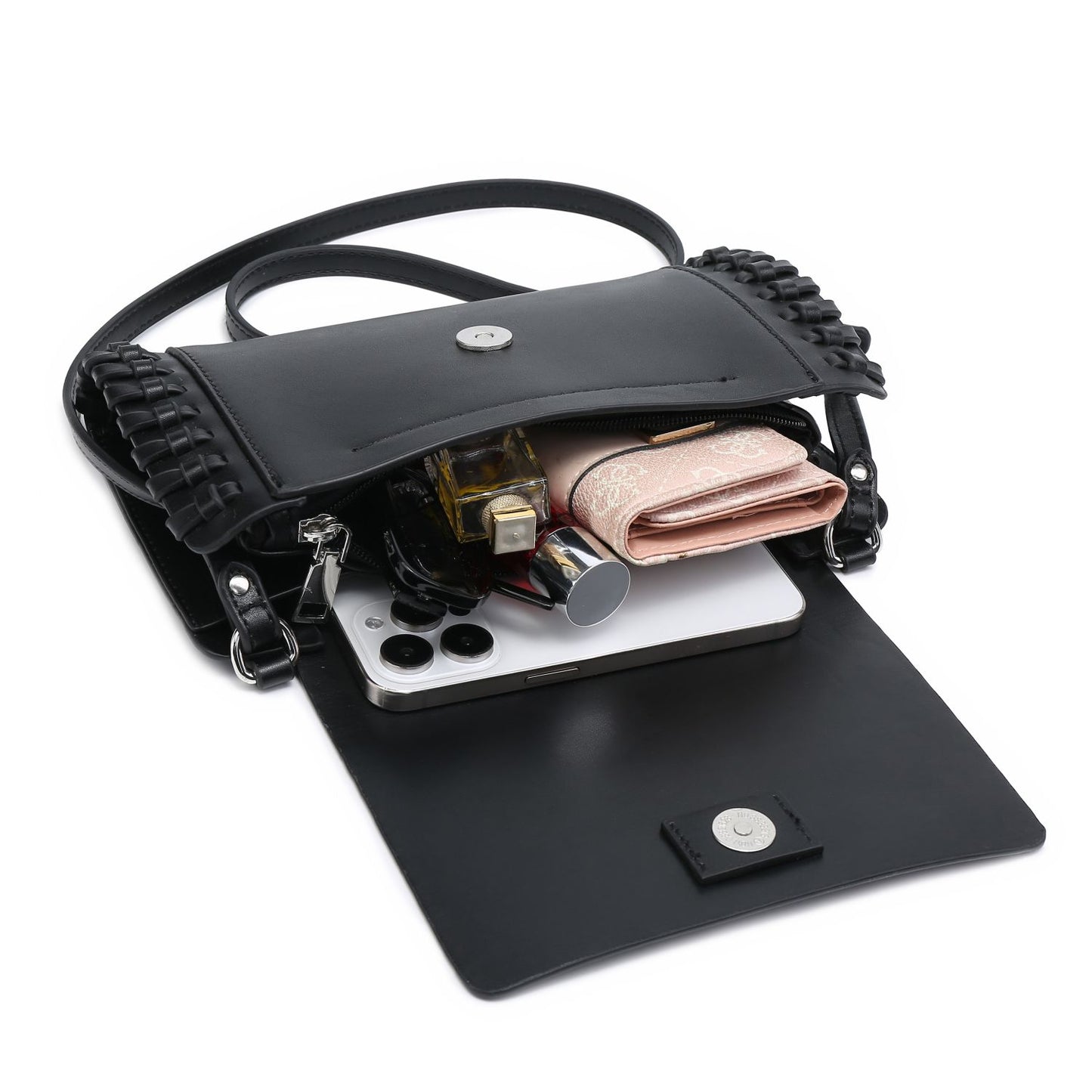 Bolso bandolera pequeño plateado, bolso cuadrado compacto color canela y negro con detalle de tejido artesanal.