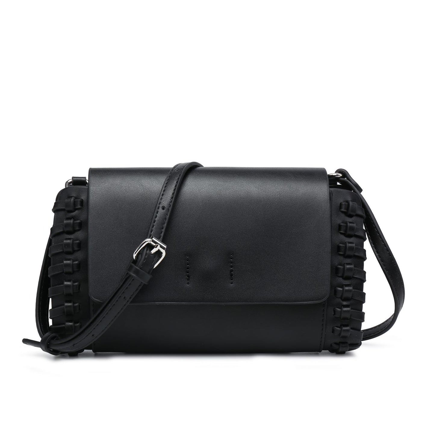 Bolso bandolera pequeño plateado, bolso cuadrado compacto color canela y negro con detalle de tejido artesanal.