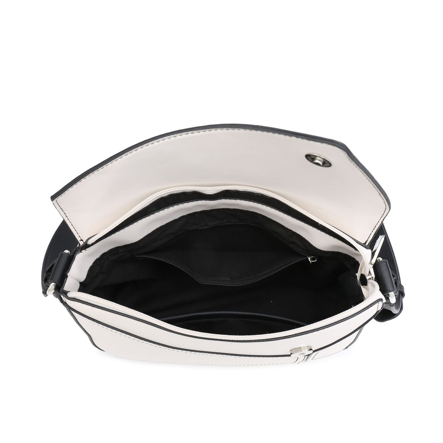 Bolso bandolera pequeño para mujer con monedero cuadrado y solapa con estampado geométrico patchwork.