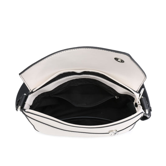 Bolso bandolera pequeño para mujer con monedero cuadrado y solapa con estampado geométrico patchwork.