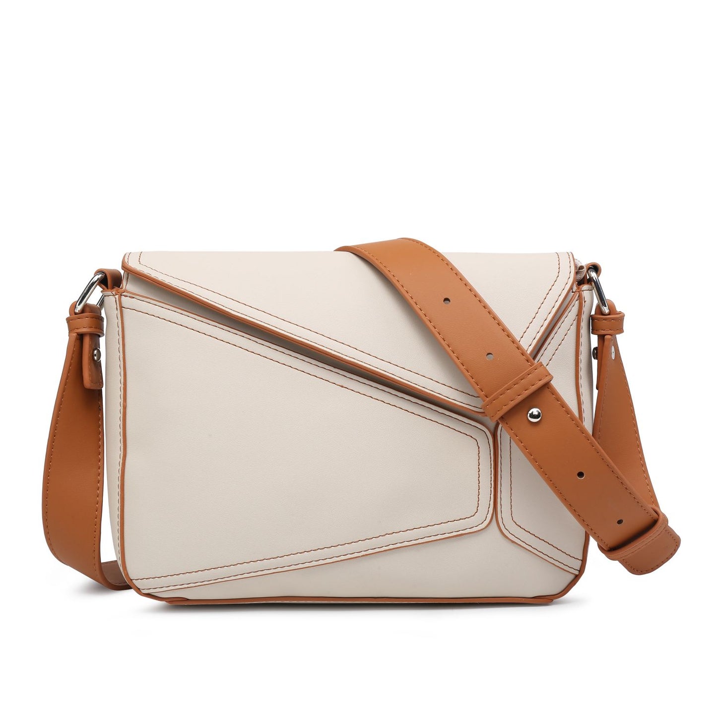 Bolso bandolera pequeño para mujer con monedero cuadrado y solapa con estampado geométrico patchwork.