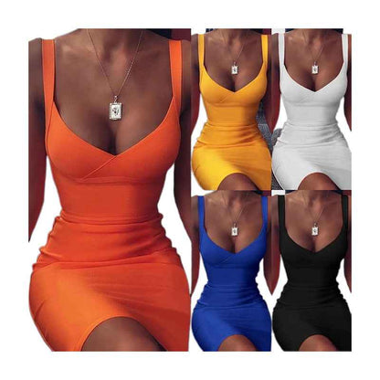 Solid Color Suspender V-Neck Sexy Hip Wrap Dress Camisole Dress For Women Party Club