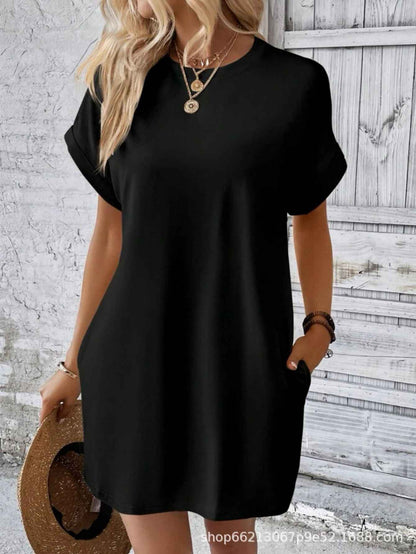 Loose Plus Size Fashion Casual Dress Solid Batwing Sleeve Tee Dress