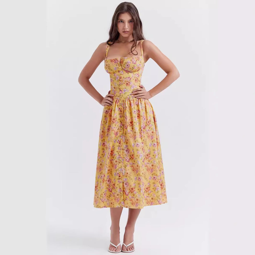 Floral Printed French Lace-Up Halter Dress - Sleeveless Spaghetti Strap Holiday Party Dress with Suspender Detail -dropshippingabc.com
