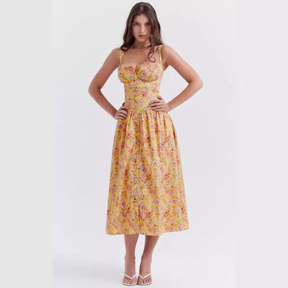 Floral Printed French Lace-Up Halter Dress - Sleeveless Spaghetti Strap Holiday Party Dress with Suspender Detail -dropshippingabc.com