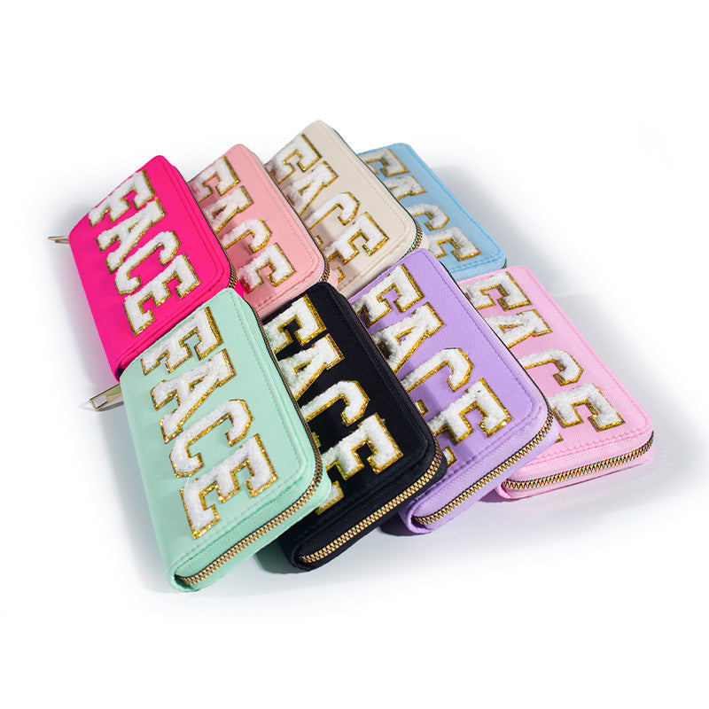 Cartera bordada con el alfabeto para mujer, monedero largo, tarjetero de nailon con cremallera, monedero multifuncional 
